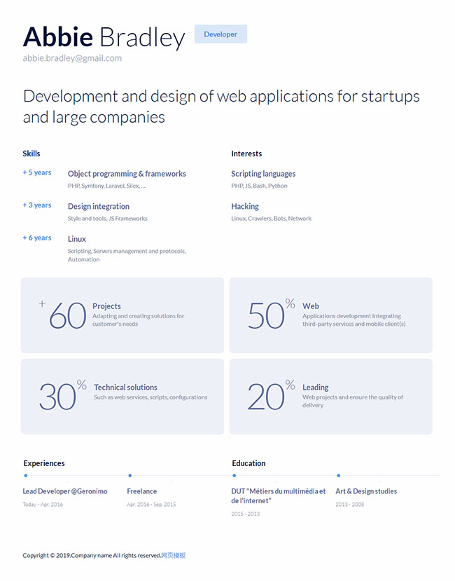 白色简洁开发者web简历模板